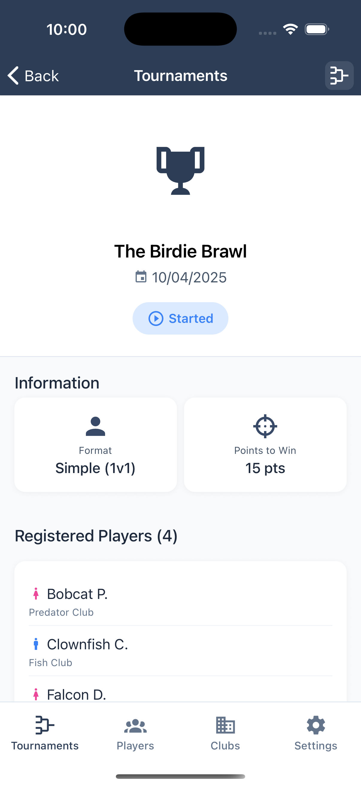 Tournament simple details